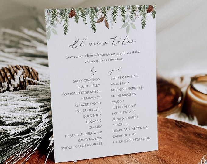 Old Wives Tale Game, Winter Pine Baby Shower Game, Gender Reveal Game, Printable, Editable Template, Instant Download, Templett 0017-359BASG