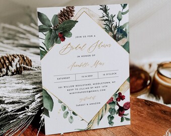 May include: Bridal shower invitation with a gold geometric design, featuring botanical illustrations of greenery and berries. The invitation includes the text "Join us for a Bridal Shower" and event details.