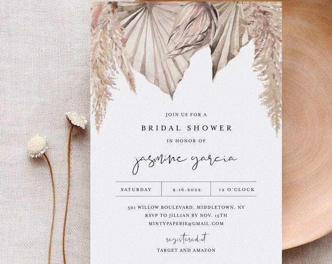 Pampas Bridal Shower Invitation Template, Bohemian Dried Palm Foliage Wedding Shower Invite, 100% Editable Text, Templett #0022-296BS