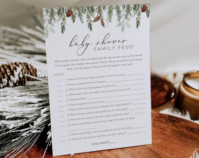 Baby Family Feud Game, Gender Neutral, Printable Winter Pine Baby Shower Game, Editable Template, Instant Download, Templett #0017-348BASG