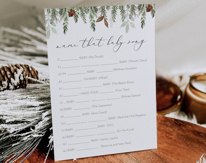 Name That Baby Song Game Template, Printable Winter Pine Baby Shower Game, 100% Editable Text, Instant Download, Templett #0017-352BASG