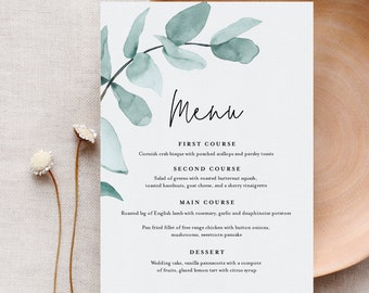Eucalyptus Wedding Menu Template, INSTANT DOWNLOAD, 100% Editable, Printable Dinner Menu Card, Wedding Greenery, Templett, DIY #049-126WM