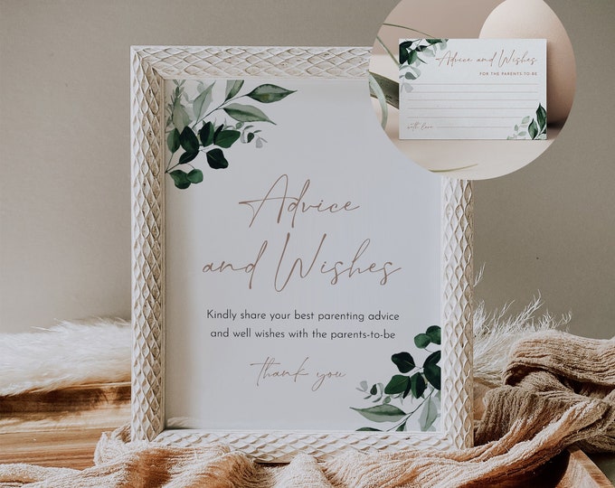 Baby Shower Advice and Well Wishes, Greenery Baby Shower, Editable Template, Instant Download, Templett, 8x10 Sign, 3.5x5 Card #033-138AC