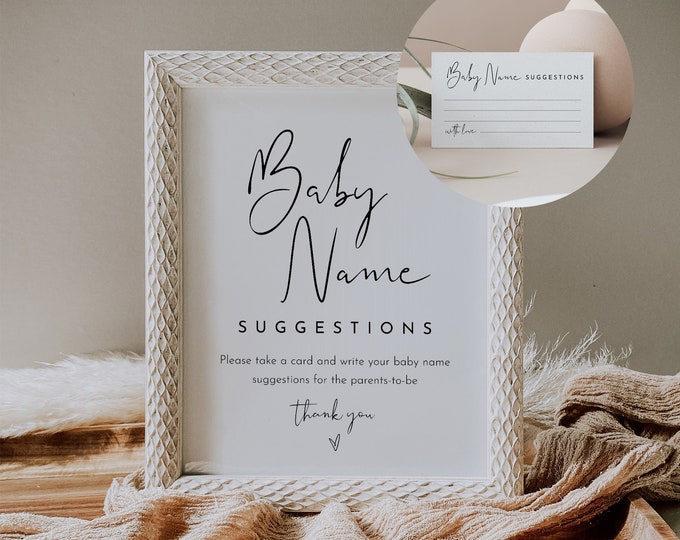 Baby Name Ideas, Baby Name Suggestions, Sign and Ticket, Printable Minimalist Baby Shower, Gender Neutral, Editable Template #0031-34BAG