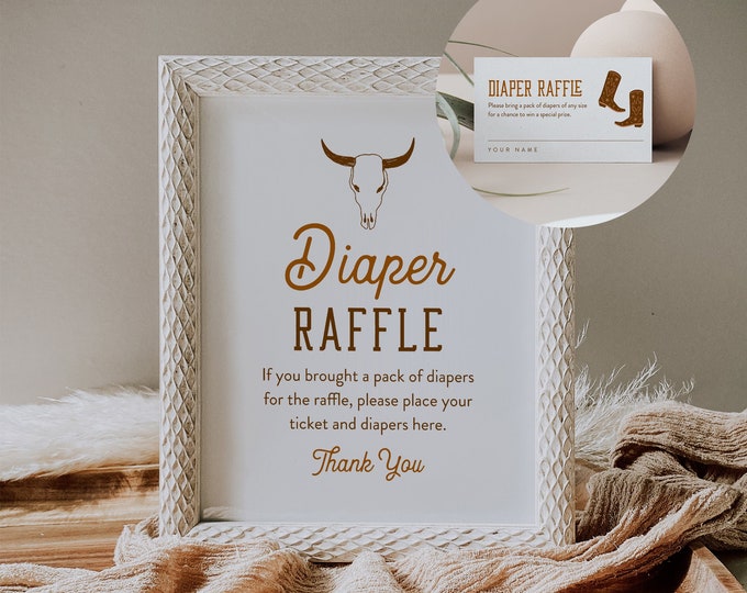 Western Diaper Raffle Game, Printable Ranch Rodeo Neutral Baby Shower Diaper Raffle Insert and Sign, Editable Template, Instant #0040-125DR