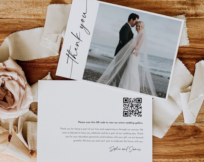 Wedding Photo Thank You, Minimal, Wedding Photos QR code, Editable Text / Photo, Instant Download, Templett, Flat Card, 5x7 #0034W-212TYC
