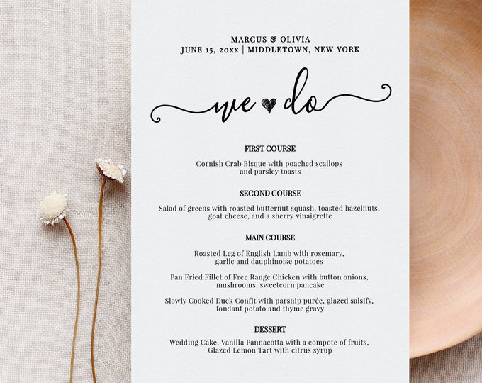 Wedding Menu Card Template, We Do, Printable Dinner Menu, Heart Menu, Editable Menu Template, Instant Download, Digital File  #030-202WM