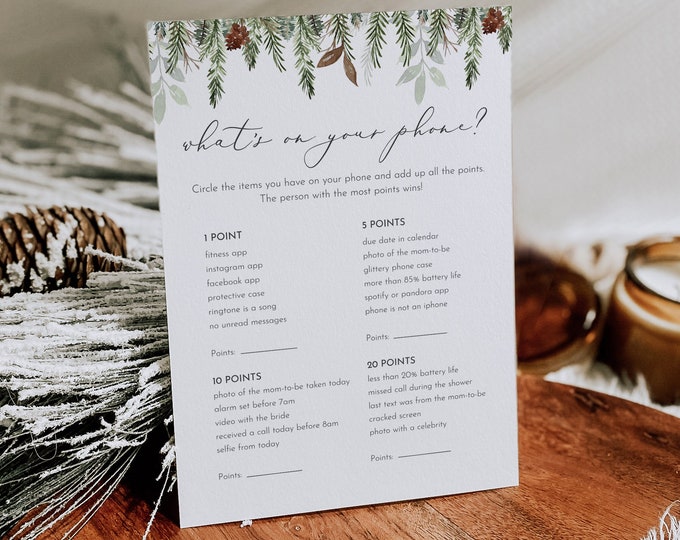 What's on Your Phone Game, Winter Pine Baby Shower Game, Printable Phone Game, Editable Template, Instant Download, Templett #0017-354BASG