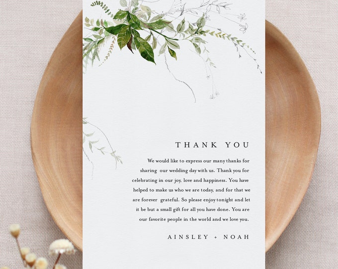 Modern Greenery Thank You Letter, Napkin Note, Printable Menu Thank You, Editable Template, Instant Download, Templett 4x6 #0011-166TYN