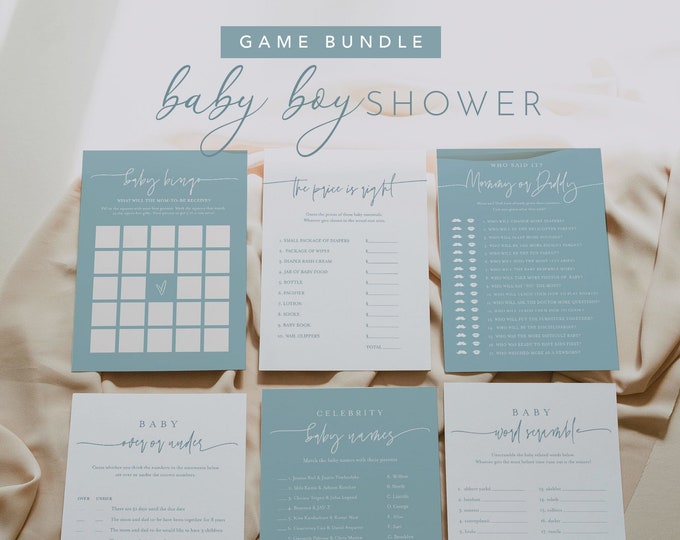 Boy Baby Shower Game Bundle, 21 Games, Minimalist Blue, Editable Template, Personalize Text, Instant Download, Templett #0009D-BBGB