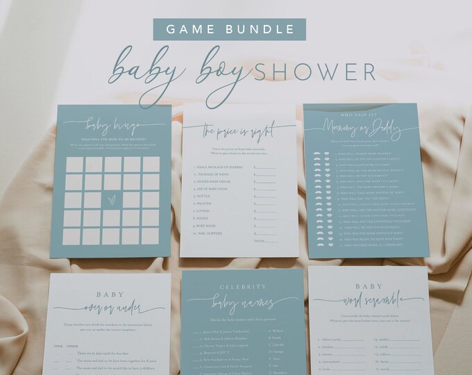 Boy Baby Shower Game Bundle, 21 Games, Minimalist Blue, Editable Template, Personalize Text, Instant Download, Templett #0009D-BBGB