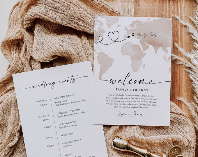 Travel Welcome Letter & Timeline Template, World Map, Destination Wedding Order of Events, Itinerary, Instant Download, Editable #0039-189WB