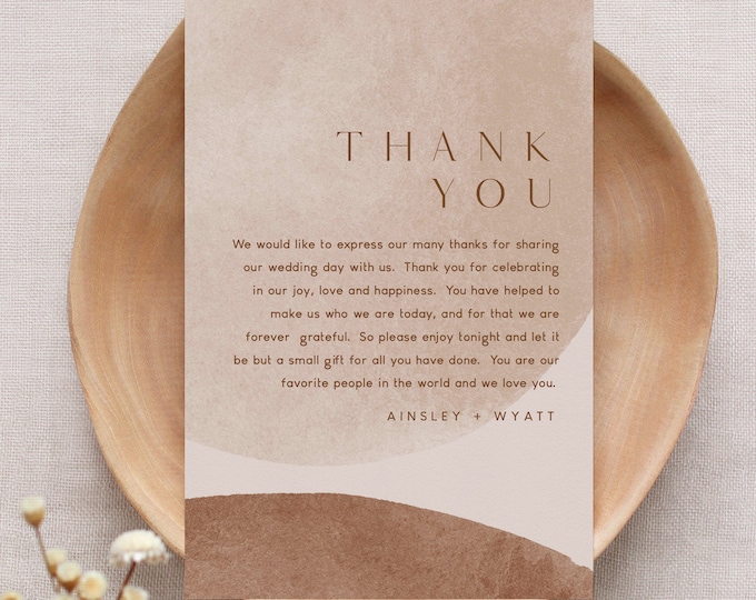 Earthy Abstract Thank You Letter, Napkin Note, Printable In Lieu of Favors Card, Editable Template, Instant Download, Templett #0016-159TYN