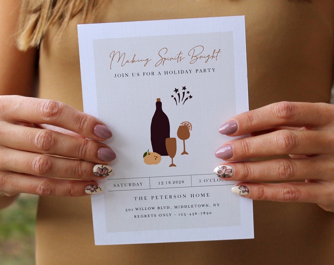 Modern Holiday Party Invitation Template, Editable Boho Christmas Party, Making Spirits Bright, Instant Download, Templett #116HP