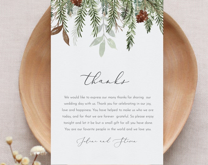 Holiday Thank You Letter, Winter Pine Wedding, Printable In Lieu of Favors Card, Editable Template, Instant Download, Templett #0017-160TYN