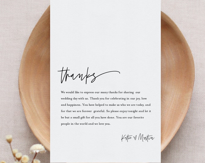 Minimalist Thank You Letter, Modern Napkin Note, Printable Menu Thank You, Editable Template, Instant Download, Templett 4x6 #0009-163TYN