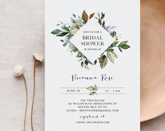 Greenery Bridal Shower Invitation Template, Bohemian Wedding Shower, Editable Text, Couples Shower, Instant Download, Templett #005-223BS