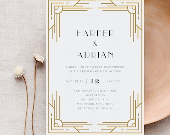 Art Deco Wedding Invitation, Printable Retro Black and Gold Wedding Invite, Minimal, Editable Template, Instant Download, Templett #0021B