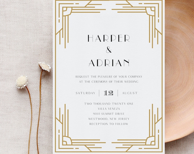 Art Deco Wedding Invitation, Printable Retro Black and Gold Wedding Invite, Minimal, Editable Template, Instant Download, Templett #0021B