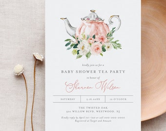 Tea Party Baby Shower Invitation Template, 100% Editable Text, Printable Teapot Baby Shower Invite, Templett, Instant Download #085C-237BA