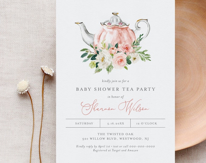 Tea Party Baby Shower Invitation Template, 100% Editable Text, Printable Teapot Baby Shower Invite, Templett, Instant Download #085C-237BA