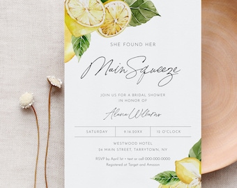 Lemon Bridal Shower Invitation, She Found Her Main Squeeze Invite, Citrus Wedding Shower, Instant, Editable Template, Templett #0027-315BS
