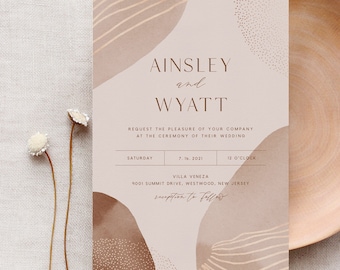 Modern Abstract Art Wedding Invitation Set, Neutral, Earthy, Bohemian, Editable Template, Printable, Instant Download, Templett #0016A