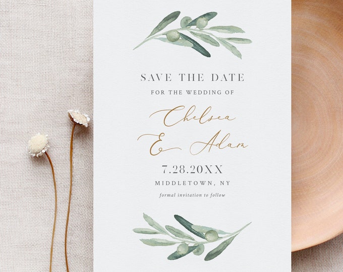 Olive Greenery Save the Date, Electronic Invitation, Evite, Digital, Printable, INSTANT DOWNLOAD, 100% Editable Text, Templett #081-102SDD