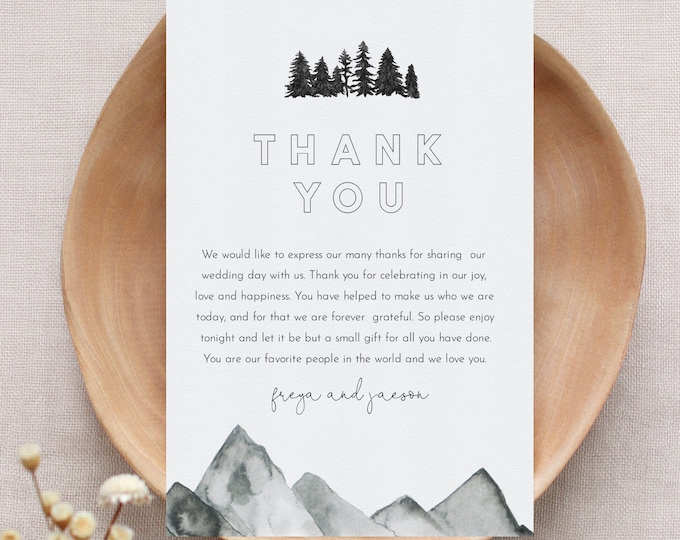 Mountain Pine Thank You Letter, Napkin Note, Printable In Lieu of Favors Card, Editable Template, Instant Download, Templett #0015-158TYN