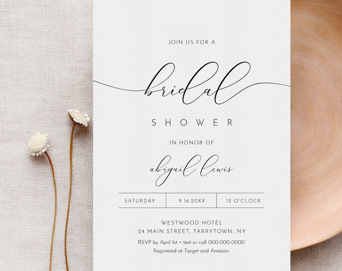 Bridal Shower Invitation Template, Wedding Shower Invite Printable, Rustic Calligraphy, Instant Download, Fully Editable Template #024-122BS