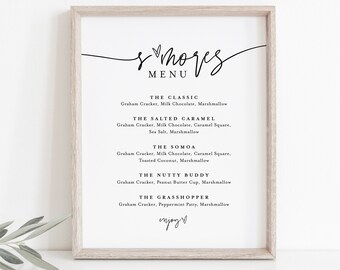 S'mores Menu, Printable Smores Bar Sign, Minimalist Wedding S'mores Station, 100% Editable Template, Instant Download, Templett  #0009-31S