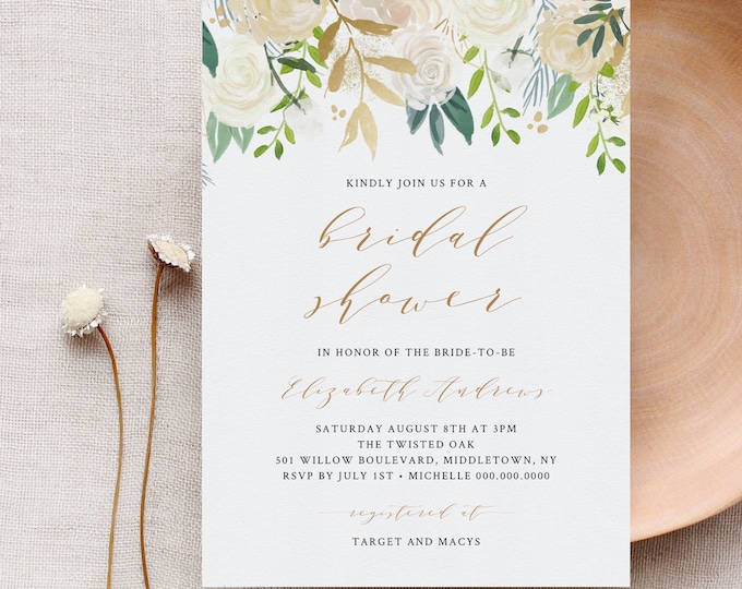 Bridal Shower Invitation Template, Greenery Wedding Shower Invite, INSTANT DOWNLOAD, 100% Editable Text, Printable, Boho Florals #021-114BS