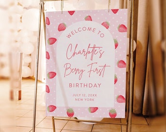Strawberry 1st Birthday Party Sign, Welcome Sign, Berry First Birthday Poster, Editable Template, Instant Download, Templett #0041-340LS