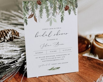 Winter Bridal Shower Invitation Template, Printable Pine Wedding Shower Invite, Holiday, Editable, Instant Download, Templett #0017-290BS