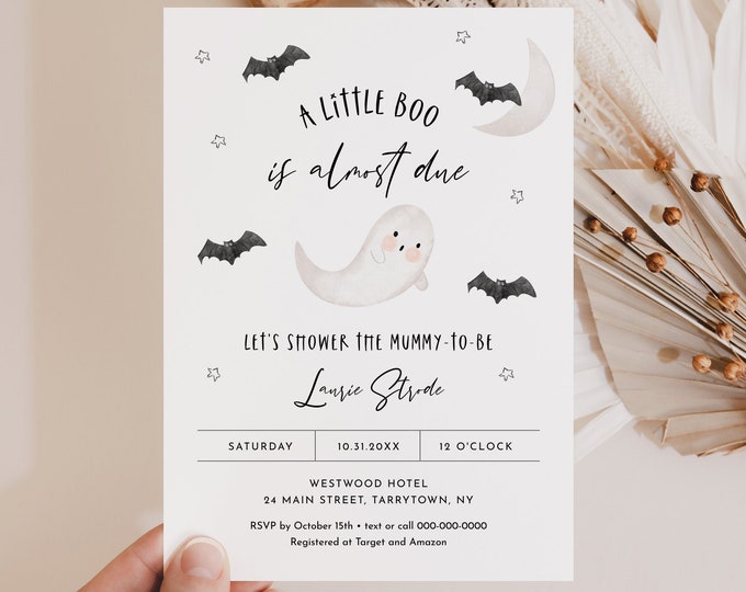 Halloween Baby Shower Invitation, A Little Boo Almost Due, Baby Boo, Ghost, Spooky, Editable Template, Instant Download, Templett #066-227BA