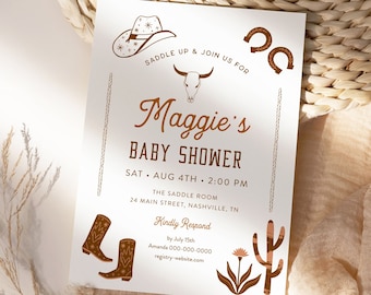 Western Baby Shower Invitation, Rodeo Baby Shower, Southwest Ranch, Cowboy, Gender Neutral, Editable Template, Instant, Templett #0040-243BA