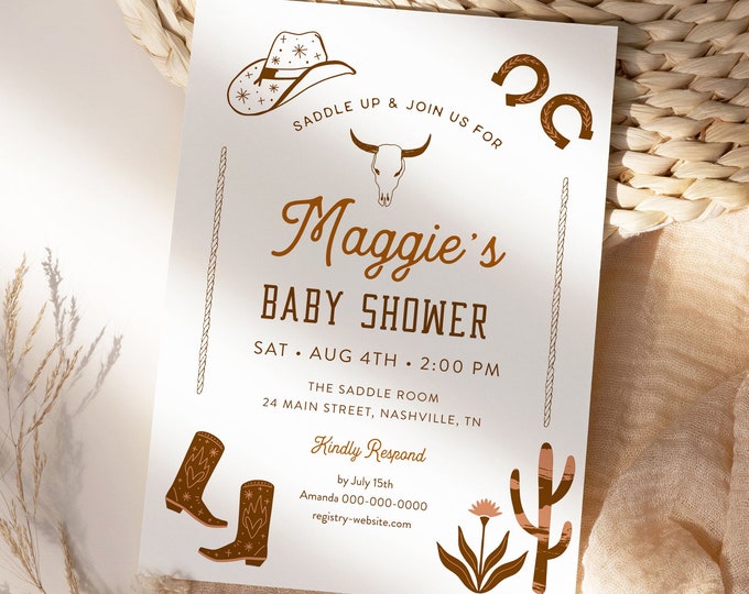 Western Baby Shower Invitation, Rodeo Baby Shower, Southwest Ranch, Cowboy, Gender Neutral, Editable Template, Instant, Templett #0040-243BA