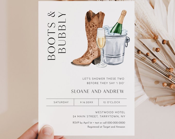 Boots and Bubbly Invitation, Couple Shower Invite, Western Bridal Shower, Bubbles, Champagne, Edit & Print Today, Templett, 5x7 #0026D-317BS