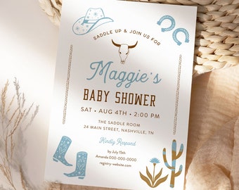 Western Baby Shower Invitation, Rodeo Boy Baby Shower, Southwest Ranch, Cowboy, Editable Template, Instant Download, Templett #0040-243BA