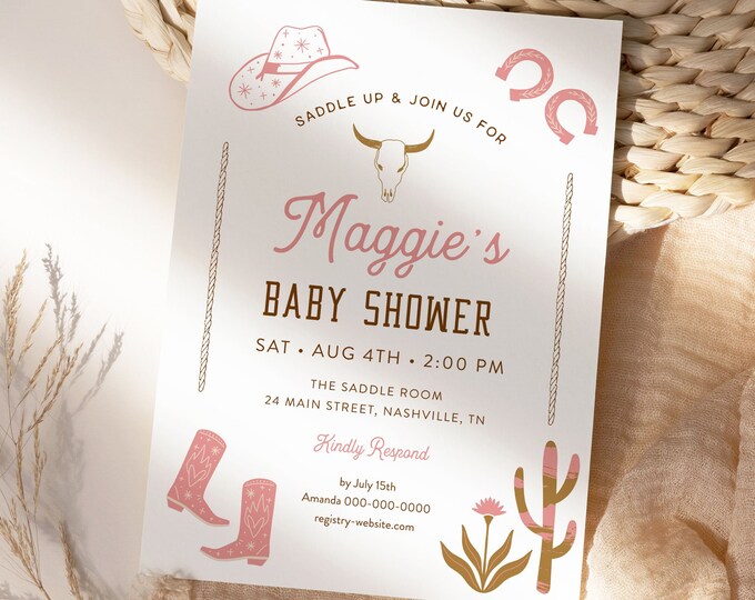 Western Baby Shower Invitation, Rodeo Girl Baby Shower, Southwest Ranch, Cowgirl, Editable Template, Instant Download, Templett #0040-243BA