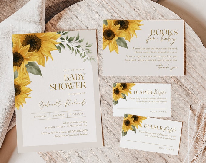 Sunflower Baby Shower Bundle, Summer, Fall, Sunflower Baby Invitation, Diaper Raffle, Book Request, Editable Template, Templett #047-211BA