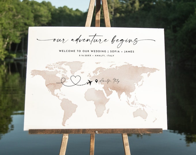 Travel Welcome Sign, World Map, Destination Wedding, Bridal Shower Poster, Instant Download, Editable Template, Templett #0039-344LS