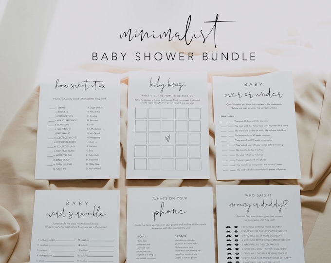 36 Baby Game Bundle, Modern Minimalist Baby Shower, Editable Template, Personalize, Advice, Diaper Raffle, Instant, Templett #0031-BBGB