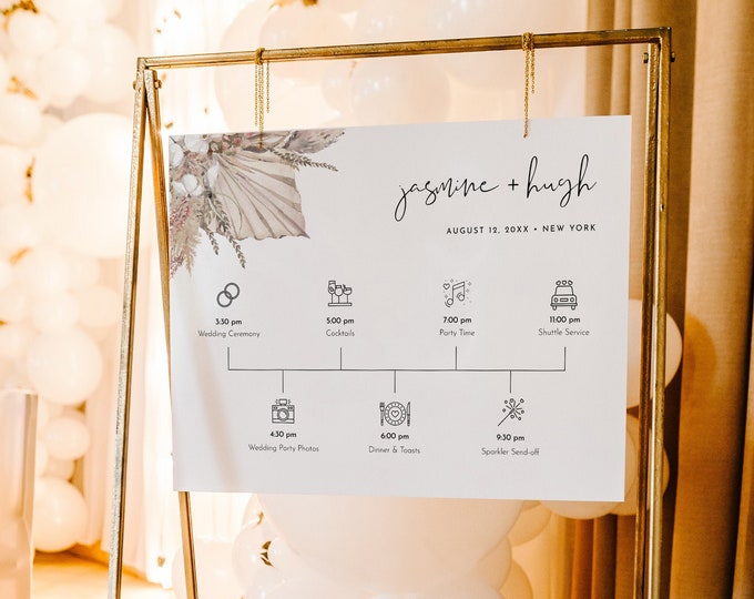 Boho Welcome Sign Template, Printable Wedding Day Timeline with Icons, Pampas, Palm, Instant Download, 100% Editable, Templett #0022-249LS