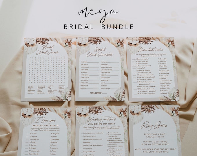 MEGA Bridal Shower Game Bundle, 36 Games, Bohemian Wedding Shower Games, Pampas, Editable Templates, Instant Download, Templett #0028A-BGB