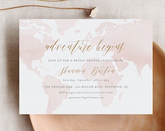 Bridal Shower Invitation, Adventure Begins, Destination Wedding Shower Invite, World Map, Geometric, Editable Template, Printable #185BS