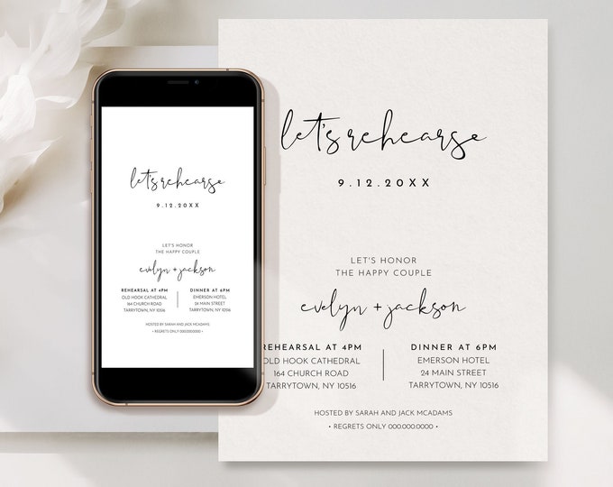 Minimalist Rehearsal Dinner Invite, Modern Rehearsal, Let's Rehearse, Digital or Print Invitation, Evite, Text Message, Templett #0031-168RD