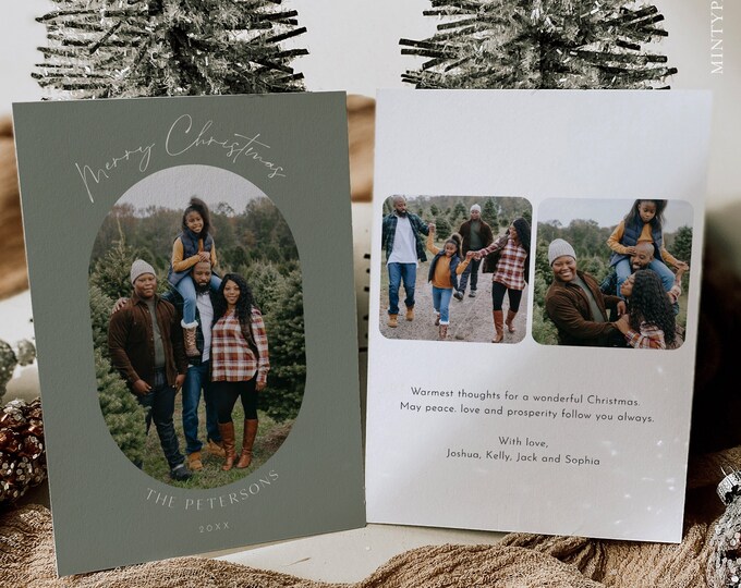 Photo Christmas Card Template, Sage Green, 100% Editable Text, Add Your Photo, Family Holiday Card, Instant Download, Templett  #125HP