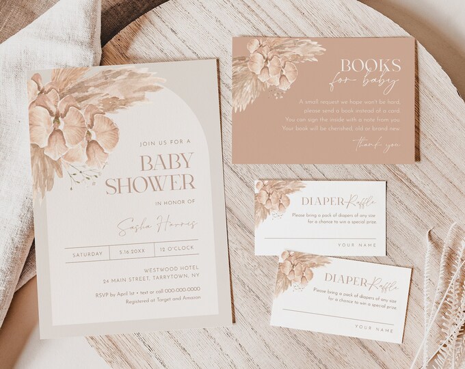 Bohemian Baby Shower Bundle, Boho, Pampas, Baby Invitation, Diaper Raffle, Book Request, Editable Template, Templett #028-209BA