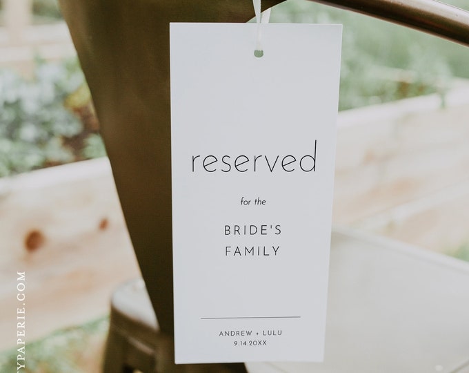 Reserved Seating Tag, Wedding Reserved Chair / Row Card, Modern Minimalist, Editable Template, INSTANT DOWNLOAD, Templett #094-107RS